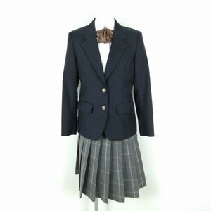 1円 ブレザー チェックスカート リボン 上下4点セット 冬物 女子 学生服 中学 高校 紺 制服 中古 ランクC NA3705