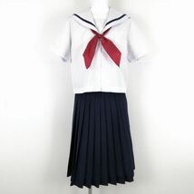 1円 セーラー服 スカート スカーフ 上下3点セット 大きいサイズ トンボ 夏物 青1本線 女子 鹿児島東谷山中学 白 中古 ランクC NA2727_画像1