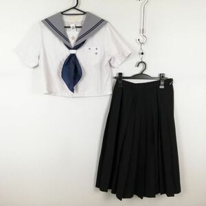 1円 セーラー服 スカート スカーフ 上下3点セット 夏物 青2本線 女子 学生服 長崎桜が原中学 白 制服 中古 ランク:C EY3487