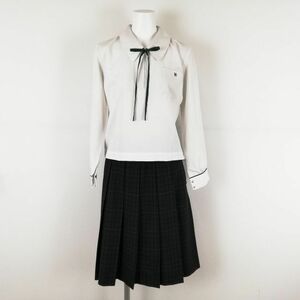 1円 ブラウス チェックスカート 紐タイ 上下3点セット S トンボ 中間服 女子 学生服 鹿児島武岡台高校 白 制服 中古 ランクC NA2859