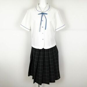 1円 ブラウス チェックスカート 紐タイ 上下3点セット 大きいサイズ カンコー 夏物 女子 学生服 中学 高校 白 制服 中古 ランクC NA2836