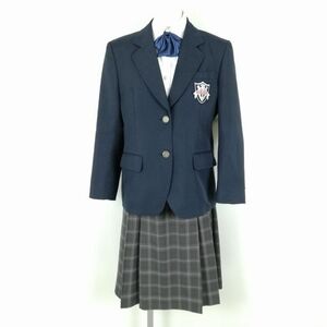 1円 ブレザー チェックスカート リボン 上下4点セット トンボ 冬物 女子 学生服 広島十日市中学 紺 制服 中古 ランクC NA3702