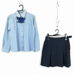 1円 ブラウス ミニスカート リボン 上下3点セット 中間服 女子 学生服 中学 高校 水色 制服 中古 ランク:C EY7721