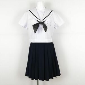 1円 セーラー服 スカート スカーフ 上下3点セット 155A 夏物 黒1本線 女子 学生服 中学 高校 白 制服 中古 ランクC NA3341