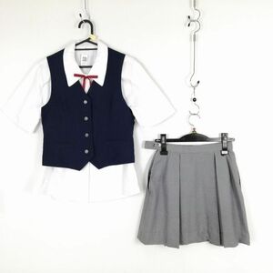 1円 ベスト ミニスカート 紐タイ 上下4点セット 冬物 女子 学生服 中学 高校 紺 制服 中古 ランク:C EY4712