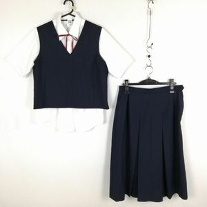 1円 ベスト スカート 紐タイ 上下4点セット 冬物 女子 学生服 中学 高校 紺 制服 中古 ランク:C EY4666