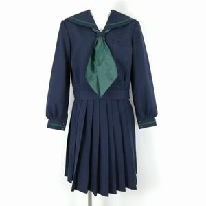 1円 セーラー服 スカート スカーフ 上下3点セット 冬物 緑1本線 女子 学生服 中学 高校 紺 制服 中古 ランクC NA4096