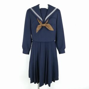 1円 セーラー服 ジャンパースカート スカーフ 上下3点セット 160A カンコー 冬物 白3本線 女子 学生服 中学 高校 紺 中古 ランクC NA3492