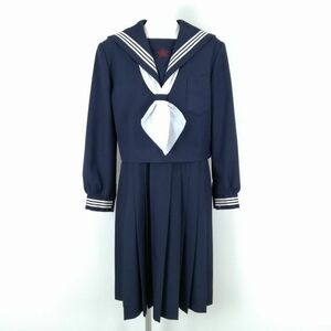 1円 セーラー服 ジャンパースカート スカーフ 上下3点セット 大きいサイズ 冬物 白3本線 女子 学生服 熊本岱明中学 紺 中古 ランクC NA3395