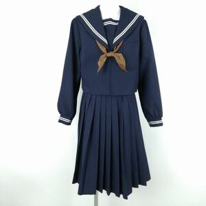 1円 セーラー服 スカート スカーフ 上下3点セット 冬物 白2本線 女子 学生服 中学 高校 紺 制服 中古 ランクC NA3411