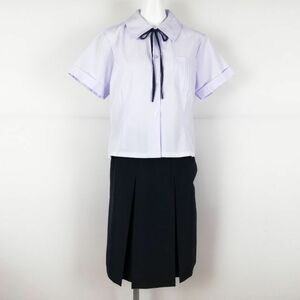 1円 ブラウス スカート 紐タイ 上下3点セット LL 大きいサイズ 夏物 女子 学生服 中学 高校 白 制服 中古 ランクC NA3241