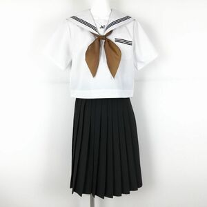 1円 セーラー服 スカート スカーフ 上下3点セット 160A カンコー 夏物 黒3本線 女子 学生服 兵庫灘中学 白 制服 中古 ランクC NA3328