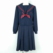 1円 セーラー服 スカート スカーフ 上下3点セット 大きいサイズ 冬物 赤3本線 女子 学生服 福岡春日野中学 紺 制服 中古 ランクC NA3641_画像1