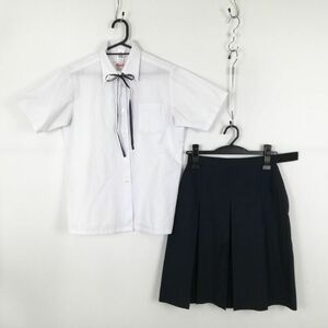 1円 ブラウス スカート 紐タイ 上下3点セット 160 大きいサイズ 夏物 女子 学生服 中学 高校 白 制服 中古 ランク:C EY7664