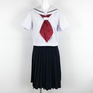 1円 セーラー服 スカート スカーフ 上下3点セット L 夏物 グレー1本線 女子 学生服 中学 高校 白 制服 中古 ランクC NA3521