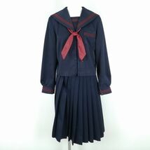 1円 セーラー服 スカート スカーフ 上下3点セット 165A カンコー 冬物 赤3本線 女子 学生服 中学 高校 紺 制服 中古 ランクC NA3656_画像1