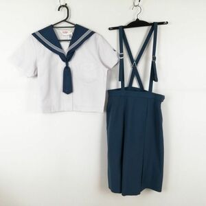 1円 セーラー服 スカート ネクタイ 上下3点セット 160A トンボ 夏物 白3本線 女子 学生服 鹿児島天保山中学 白 制服 中古 ランクC NA4131