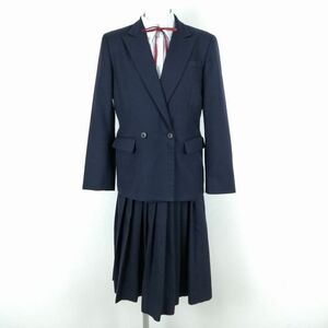 1円 ブレザー スカート 紐タイ 上下4点セット 指定 160A 富士ヨット 冬物 女子 学生服 福岡明善高校 紺 制服 中古 ランクC NA3369