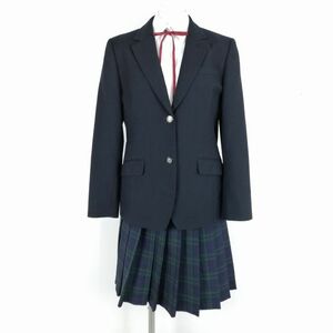 1円 ブレザー チェックスカート 紐タイ 上下4点セット L トンボ 冬物 女子 学生服 中学 高校 紺 制服 中古 ランクC NA3818