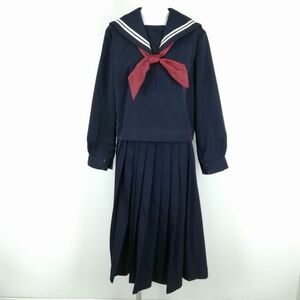 1円 セーラー服 スカート スカーフ 上下3点セット 160A 大きいサイズ 冬物 白2本線 女子 学生服 中学 高校 紺 制服 中古 ランクC NA3630