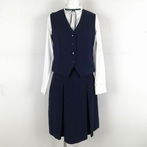 1円 ベスト スカート 紐タイ 上下4点セット 冬物 女子 学生服 中学 高校 紺 制服 中古 ランクB NA2573