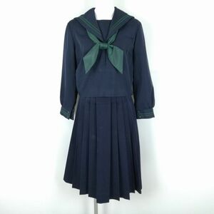 1円 セーラー服 スカート スカーフ 上下3点セット 冬物 緑2本線 女子 学生服 中学 高校 紺 制服 中古 ランクC NA3811