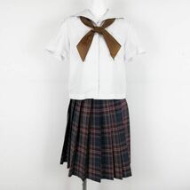 1円 セーラー服 チェックスカート スカーフ 上下3点セット M 夏物 白2本線 女子 学生服 中学 高校 白 制服 中古 ランクC NA4160_画像1