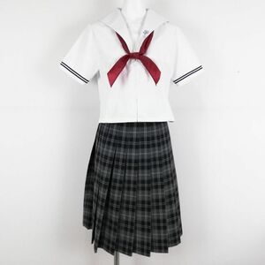 1円 セーラー服 チェックスカート スカーフ 上下3点セット 160A カンコー 夏物 女子 岡山大安寺中等教育学校 白 中古 ランクC NA4161