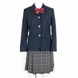 1円 ブレザー チェックスカート リボン 上下4点セット 冬物 女子 学生服 中学 高校 紺 制服 中古 ランクC NA3849