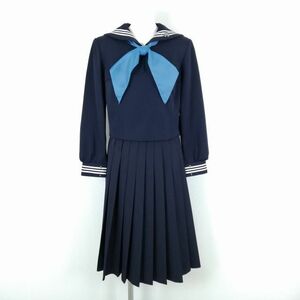 1円 セーラー服 スカート スカーフ 上下3点セット 160A 冬物 白3本線 女子 学生服 広島海田高校 紺 制服 中古 ランクC NA3647