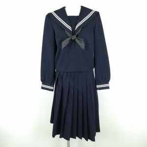 1円 セーラー服 スカート スカーフ 上下3点セット 165 冬物 白2本線 女子 学生服 中学 高校 紺 制服 中古 ランクC NA3603