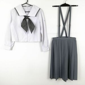 1円 セーラー服 スカート スカーフ 上下3点セット S 中間服 グレー1本線 女子 学生服 鹿児島西陵中学 白 制服 中古 ランク:C EY3505