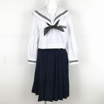 1円 セーラー服 スカート スカーフ 上下3点セット 160B 大きいサイズ 中間服 黒3本線 女子 学生服 中学 高校 白 制服 中古 ランクC NA2572_画像1