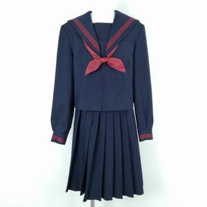 1円 セーラー服 スカート スカーフ 上下3点セット 大きいサイズ トンボ 冬物 赤3本線 女子 学生服 中学 高校 紺 制服 中古 ランクC NA3642