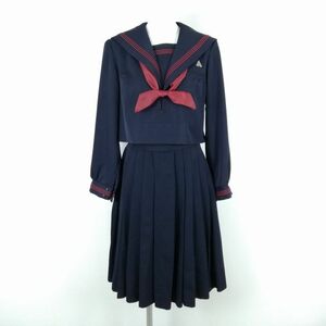 1円 セーラー服 スカート スカーフ 上下3点セット 冬物 赤3本線 女子 学生服 福岡諏訪中学 紺 制服 中古 ランクC NA3645