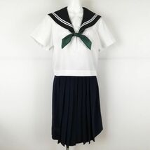 1円 セーラー服 スカート スカーフ 上下3点セット L 夏物 白2本線 女子 学生服 中学 高校 白 制服 中古 ランクC NA3243_画像1