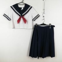 1円 セーラー服 スカート スカーフ 上下3点セット 夏物 白3本線 女子 学生服 佐賀鬼塚中学 白 制服 中古 ランク:C EY3597_画像1