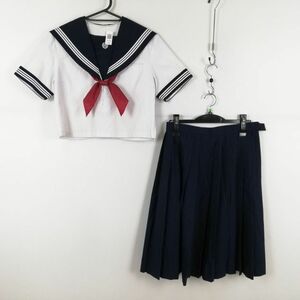 1円 セーラー服 スカート スカーフ 上下3点セット 夏物 白3本線 女子 学生服 佐賀鬼塚中学 白 制服 中古 ランク:C EY3597