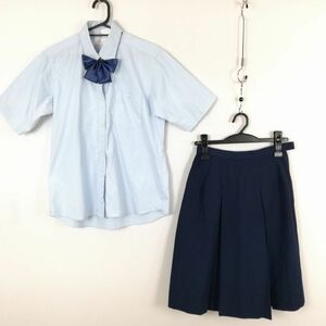 1円 ブラウス スカート リボン 上下3点セット 大きいサイズ 夏物 女子 学生服 大阪槻の木高校 水色 制服 中古 ランク:C EY7780