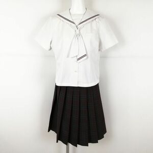 1円 セーラー服 チェックスカート 上下3点セット L トンボ 夏物 赤青各1本線 女子 新潟東京学館新潟高校 白 制服 中古 ランクC NA3855