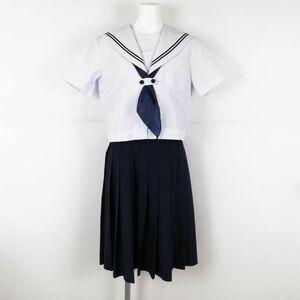 1円 セーラー服 ジャンパースカート スカーフ 上下3点セット 夏物 青2本線 女子 学生服 静岡富塚中学 白 制服 中古 ランクB NA4033