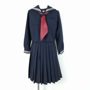 1円 セーラー服 スカート スカーフ 上下3点セット 150A 冬物 白3本線 女子 学生服 創価小学校 紺 制服 中古 ランクC NA4841