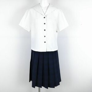 1円 セーラー服 チェックスカート 上下2点セット 大きいサイズ カンコー 夏物 女子 学生服 中学 高校 白 制服 中古 ランクC NA3448