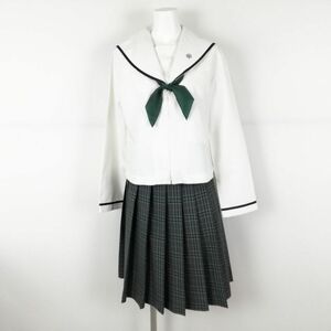 1円 セーラー服 チェックスカーフ 上下3点セット トンボ 中間服 青1本線 女子 学生服 広島廿日市西高校 白 制服 中古 ランクC NA3509