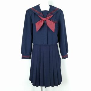 1円 セーラー服 スカート スカーフ 上下3点セット 大きいサイズ 冬物 赤3本線 女子 学生服 中学 高校 紺 制服 中古 ランクC NA3796