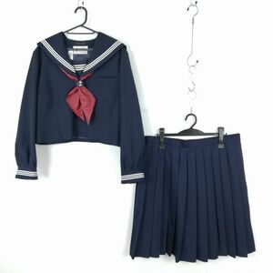 1円 セーラー服 スカート スカーフ 上下3点セット 大きいサイズ 特大 冬物 白3本線 女子 学生服 埼玉春日部東中学 紺 中古 ランクC NA4538