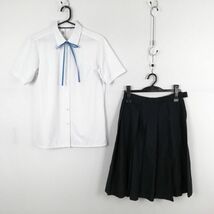 1円 ブラウス スカート 紐タイ 上下3点セット 165A 大きいサイズ 富士ヨット 夏物 女子 学生服 中学 高校 白 制服 中古 ランク:C EY7781_画像1