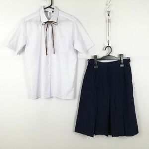 1円 ブラウス スカート 紐タイ 上下3点セット 160 夏物 女子 学生服 中学 高校 白 制服 中古 ランク:C EY7734