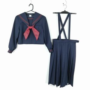 1円 セーラー服 スカート スカーフ 上下3点セット 140 冬物 赤3本線 女子 学生服 中学 高校 紺 制服 中古 ランクC NA4285