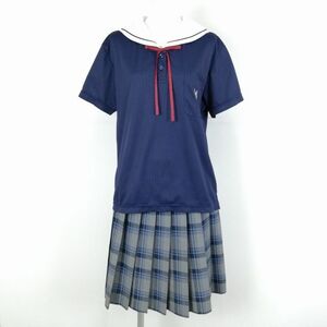 1 jpy sailor suit check skirt cord Thai top and bottom 3 point set large size dragonfly summer thing blue 1 pcs line woman school uniform middle . high school navy blue used rank B NA4791